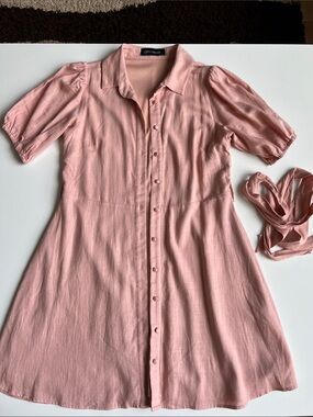 Soft Pink Button-Front Shirt Dress Puff Sleeves by Lofty Manner linen blend